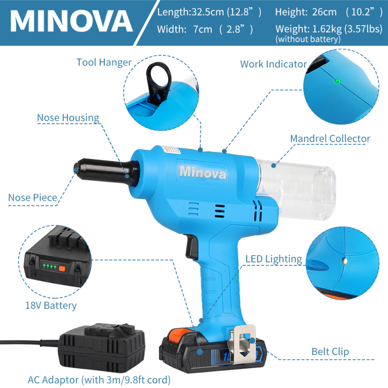 MINOVA Battery Rivet Tool Kit Cordless Rivet Tool KD-02F A+D Compatible with 3/32" (2.4 mm) to 3/16"(4.8 mm) Stainless Steel Rivets