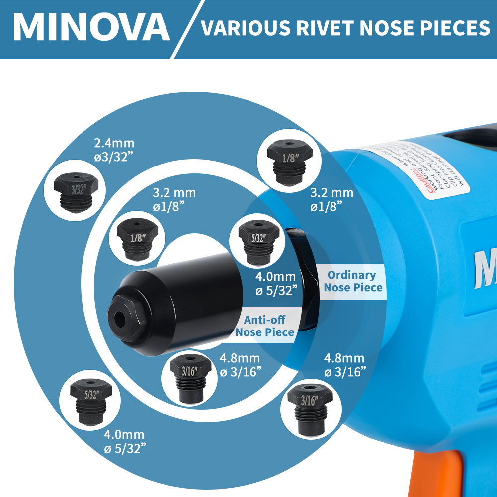 MINOVA Battery Rivet Tool Kit Cordless Rivet Tool KD-02F A+D Compatible with 3/32" (2.4 mm) to 3/16"(4.8 mm) Stainless Steel Rivets