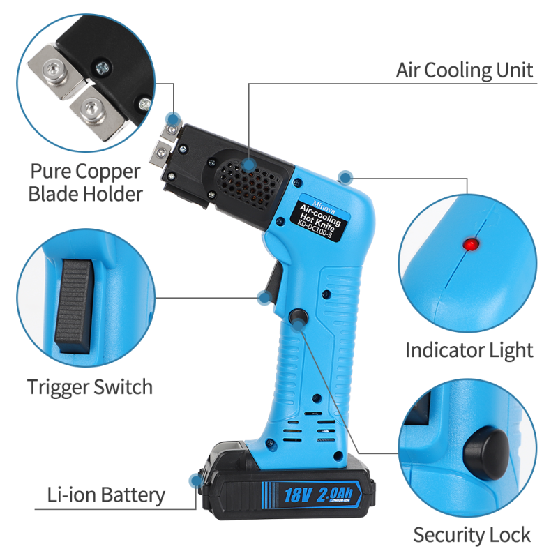 MINOVA Cordless Air Cooled Pro Electric Hot Knife Fabric Cutter Rope Cutting Tool Kit with Blades & Accessories 2.0Ah 18V KD-DC-100-3