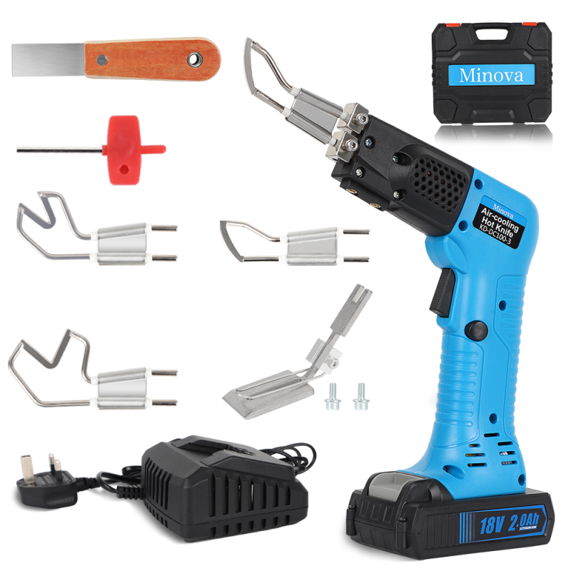 MINOVA Cordless Air Cooled Pro Electric Hot Knife Fabric Cutter Rope Cutting Tool Kit with Blades & Accessories 2.0Ah 18V KD-DC-100-3