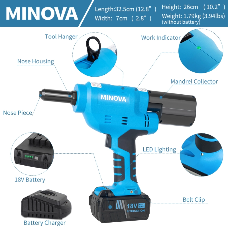 MINOVA KD-02X+ Brushless Rivet Gun, Cordless Rivet Tool compatible with 1/4"(6.4mm) Stainless Steel Rivets, Automatic Rivet Recoil with 18V 4.0Ah Battery(2pcs) 1 Charger, Portable Carrying Case