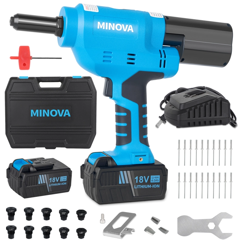 MINOVA KD-02X+ Brushless Rivet Gun, Cordless Rivet Tool compatible with 1/4"(6.4mm) Stainless Steel Rivets, Automatic Rivet Recoil with 18V 4.0Ah Battery(2pcs) 1 Charger, Portable Carrying Case