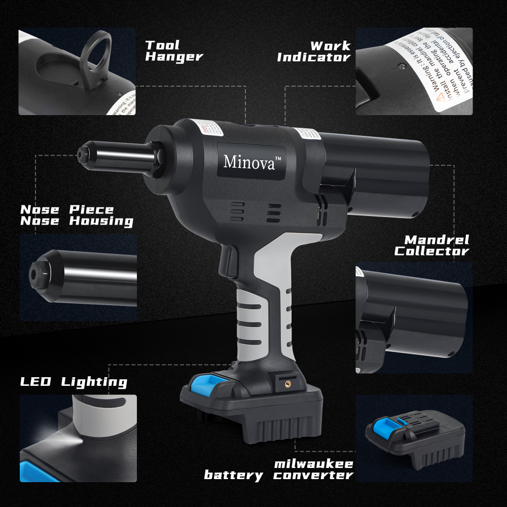 MINOVA KD-02X+ 18V Brushless Rivet Gun, Battery Cordless Rivet Tool compatible with 1/4"(6.4mm) Steel Rivets, Automatic Rivet Recoil with MWK Battery Convert, Portable Carrying Case