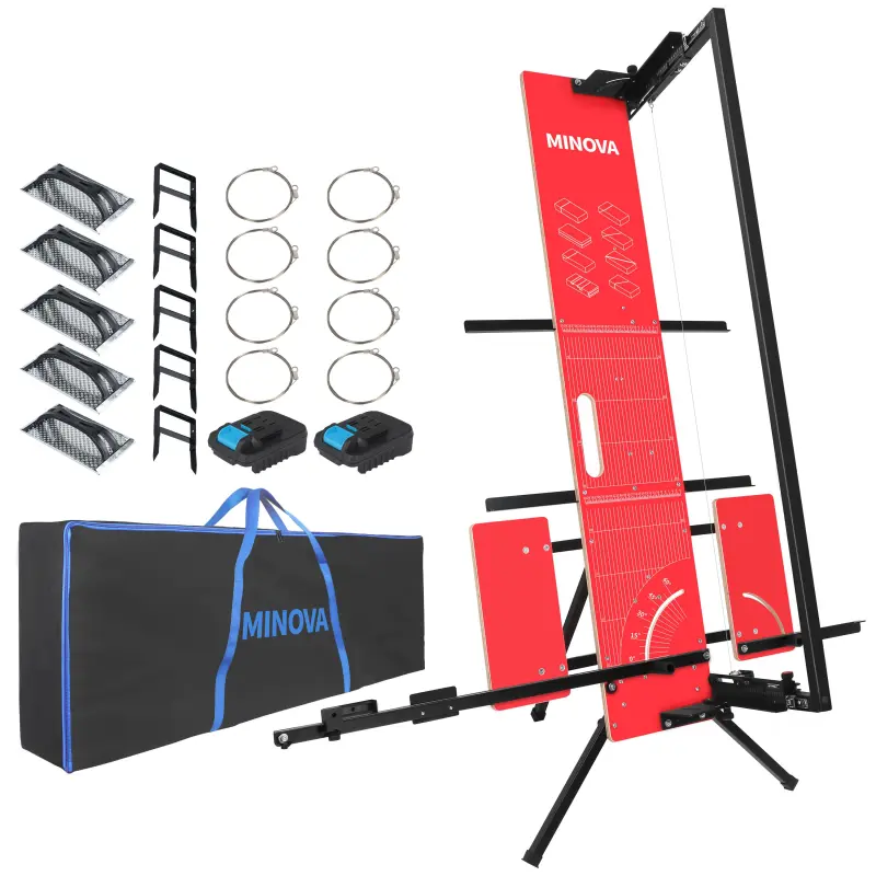 MINOVA Styroporschneider MODELL7 PROFI 1.300mm Komplettset inkl. 8 Schneidedrähte, 5 Styrogrips, Softbag, Gerüsthalterung, Schleifraspel + Batteriekonverter Geeignet für Bosch AKKU (ohne AKKU)