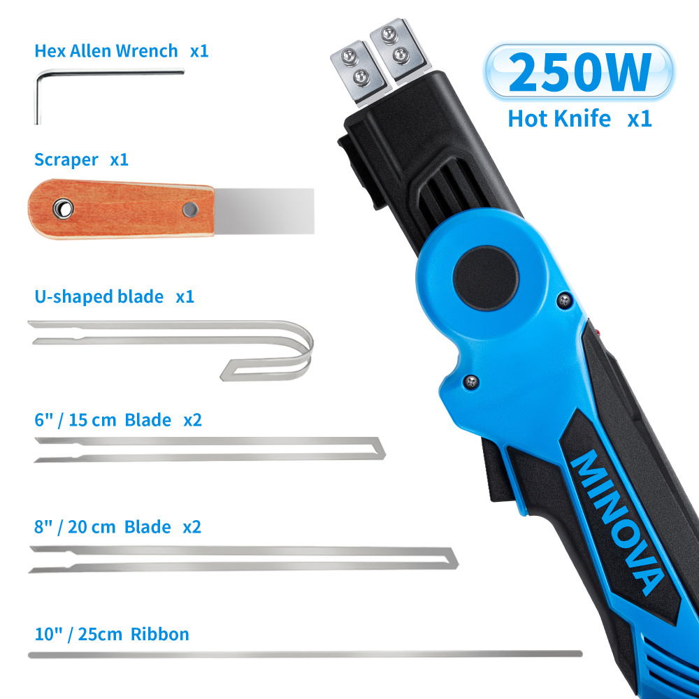 MINOVA 250W AC Rotatable Electric Hot Knife, 6 Blades Foam Cutter Cutting Tool Kit, Full-body Air Cooling System Foam Cutter with Heavy-Duty Case for EPP, EPS, XPS, EVA, EPE, PU, KT Board, Sponge