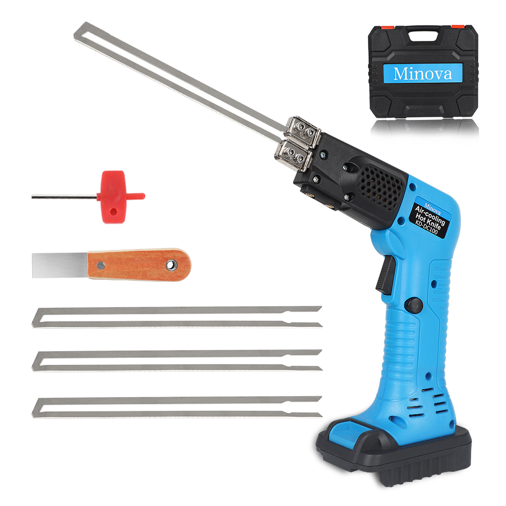 MINOVA Styroporschneider Styrocutter Pro Elektrischer Heißschneider für Stoffe und Seile inklusive Messer und Zubehör mit 3 Klingen+Batteriekonverter Geeignet für Bosch Batterie