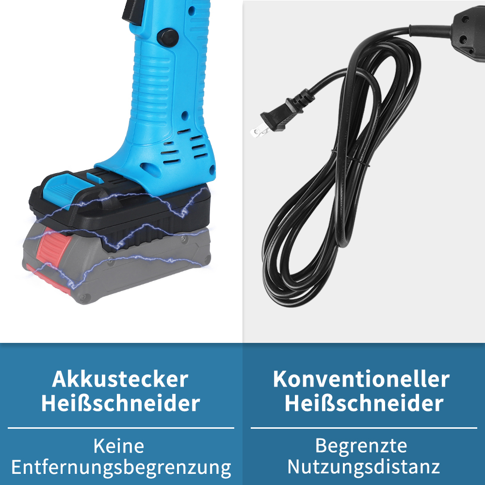 MINOVA Styroporschneider Styrocutter Pro Elektrischer Heißschneider für Stoffe und Seile inklusive Messer und Zubehör mit 3 Klingen+Batteriekonverter Geeignet für Bosch Batterie