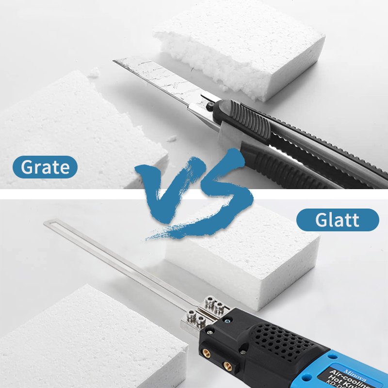 MINOVA Styroporschneider Styrocutter Pro Elektrischer Heißschneider für Stoffe und Seile inklusive Messer und Zubehör mit 3 Klingen+Batteriekonverter Geeignet für Bosch Batterie