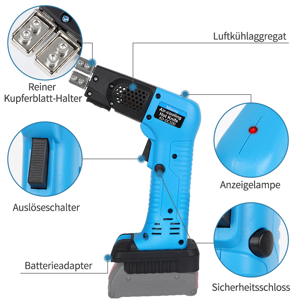 MINOVA Styroporschneider Styrocutter Pro Elektrischer Heißschneider für Stoffe und Seile inklusive Messer und Zubehör mit 3 Klingen+Batteriekonverter Geeignet für Bosch Batterie
