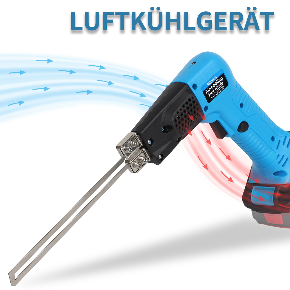 MINOVA Styroporschneider Styrocutter Pro Elektrischer Heißschneider für Stoffe und Seile inklusive Messer und Zubehör mit 3 Klingen+Batteriekonverter Geeignet für Bosch Batterie
