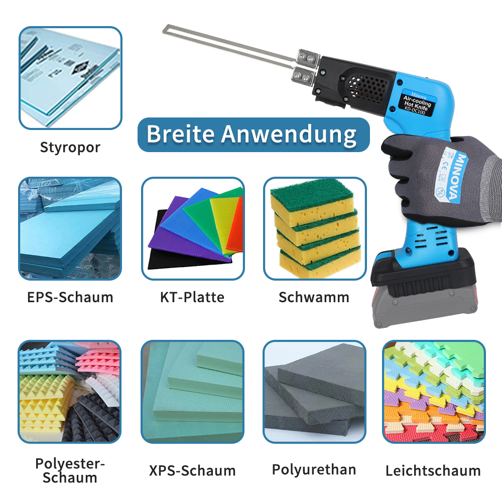 MINOVA Styroporschneider Styrocutter Pro Elektrischer Heißschneider für Stoffe und Seile inklusive Messer und Zubehör mit 3 Klingen+Batteriekonverter Geeignet für Bosch Batterie