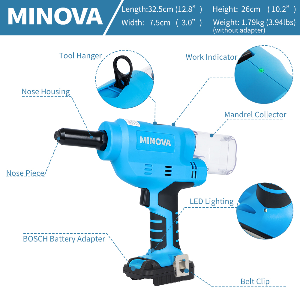 Nietgerät-Setzgerät 18V Bürstenloser Nietpistole KD-02X+ Akku-Nietwerkzeug kompatibel mit 6,4mm Edelstahlnieten (BOS Batteriekonverter)