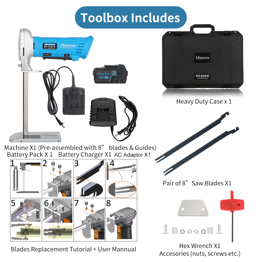 Brushless Foam Rubber Cutter 8” Kit AC+DC, Cutting of All Densities of Foam Rubber, upholstery foam cushion & Flexible Plastic Foam, Heavy-Duty Cutting Tool