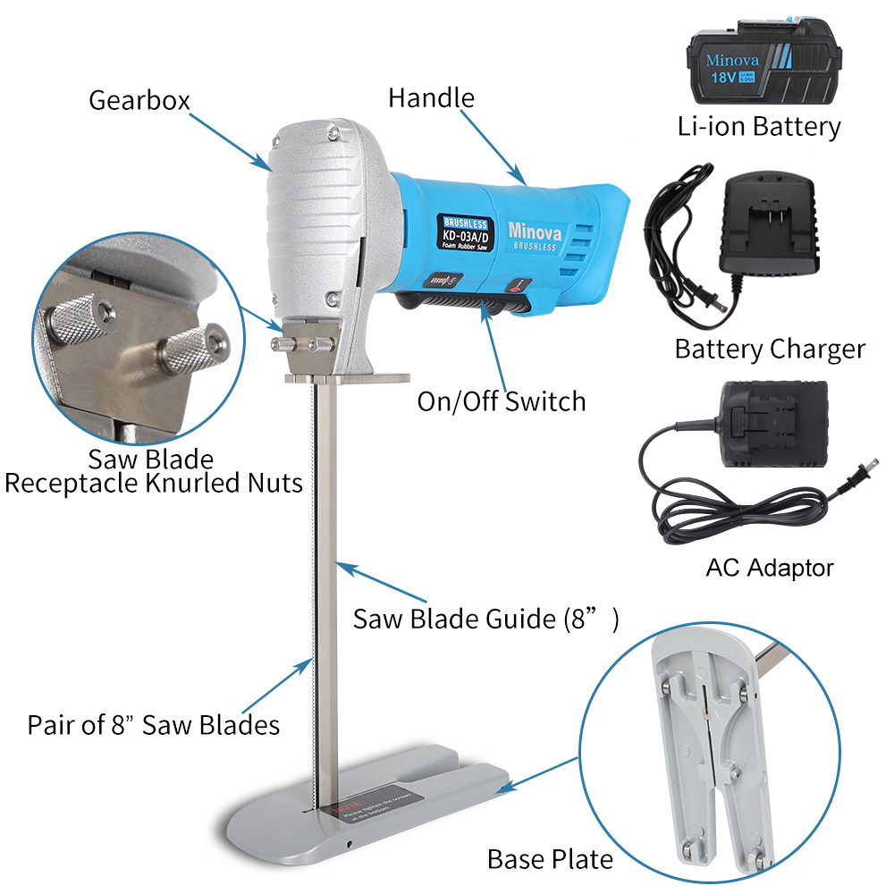 Brushless Foam Rubber Cutter 8” Kit AC+DC, Cutting of All Densities of Foam Rubber, upholstery foam cushion & Flexible Plastic Foam, Heavy-Duty Cutting Tool