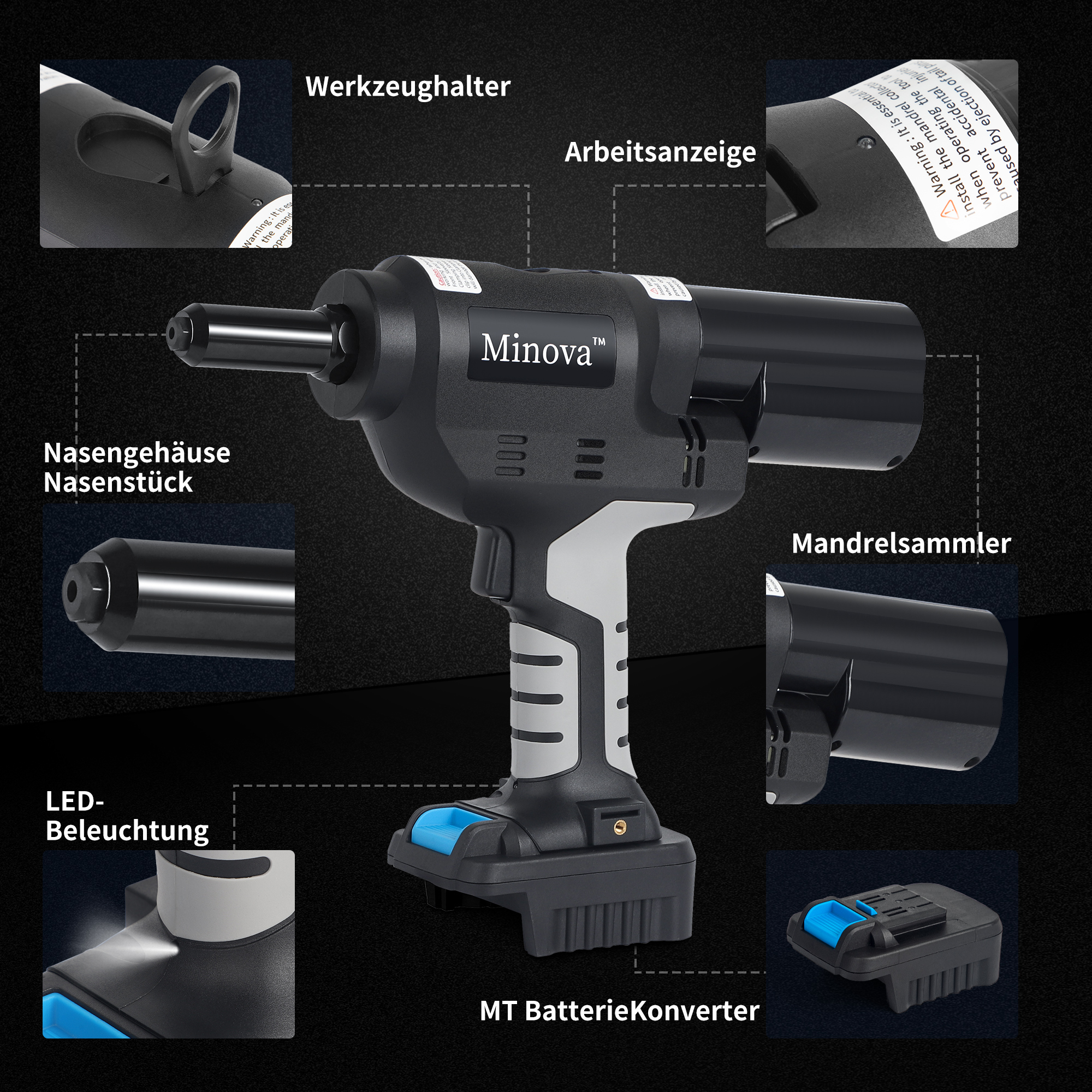 Nietgerät-Setzgerät 18V Bürstenloser Nietpistole KD-02X+ Akku-Nietwerkzeug kompatibel mit 6,4mm Edelstahlnieten (MKT Batteriekonverter)