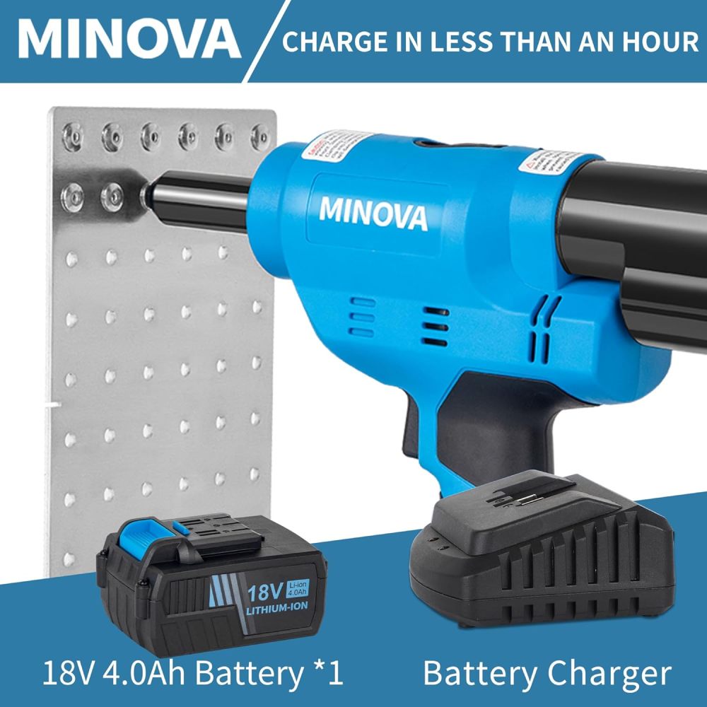 Brushless Rivet Gun, Cordless Rivet Tool compatible with 1/4"(6.4mm) Stainless Steel Rivets, Automatic Rivet Recoil with 18V 4.0Ah Battery(1pcs) 1 Charger, Carrying Case