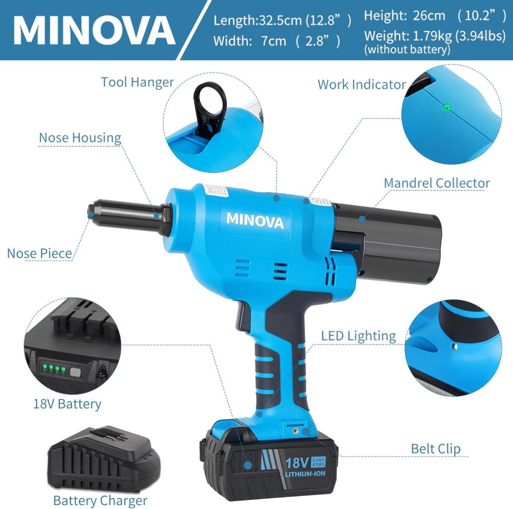 Brushless Rivet Gun, Cordless Rivet Tool compatible with 1/4"(6.4mm) Stainless Steel Rivets, Automatic Rivet Recoil with 18V 4.0Ah Battery(1pcs) 1 Charger, Carrying Case