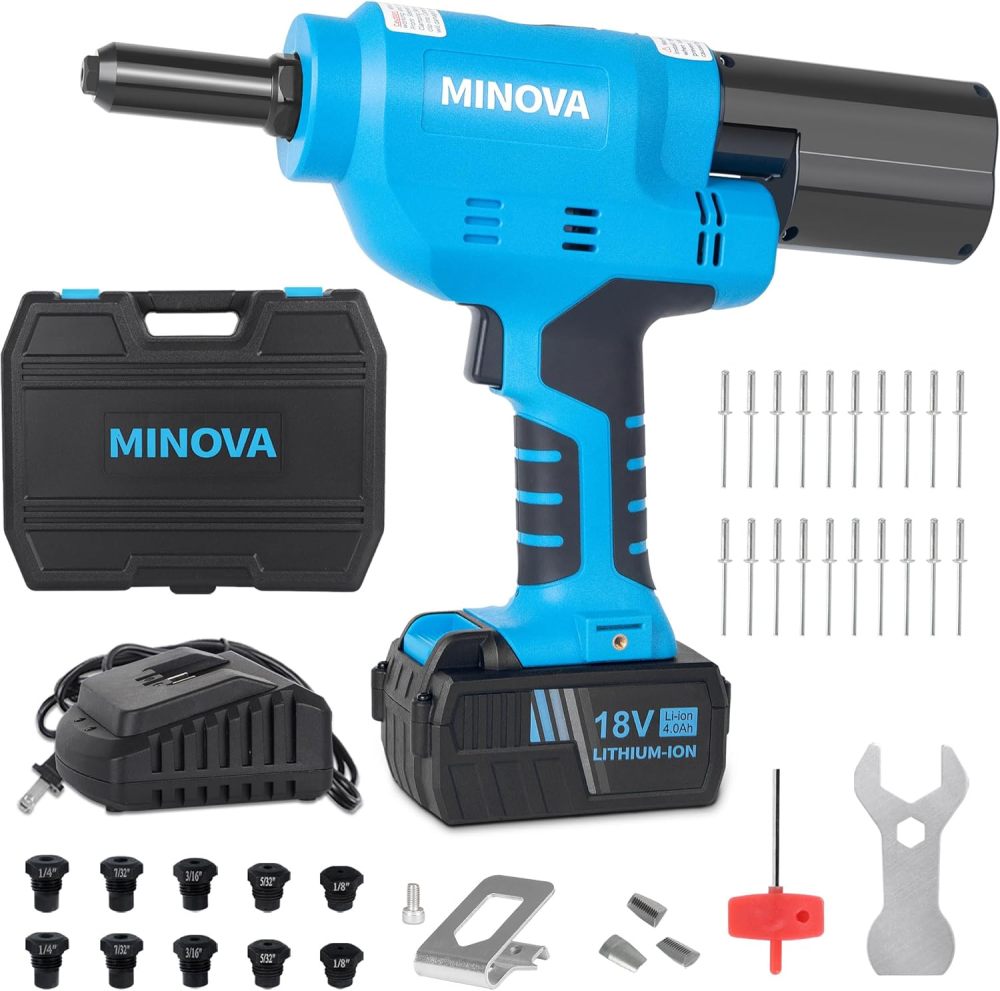 Brushless Rivet Gun, Cordless Rivet Tool compatible with 1/4"(6.4mm) Stainless Steel Rivets, Automatic Rivet Recoil with 18V 4.0Ah Battery(1pcs) 1 Charger, Carrying Case
