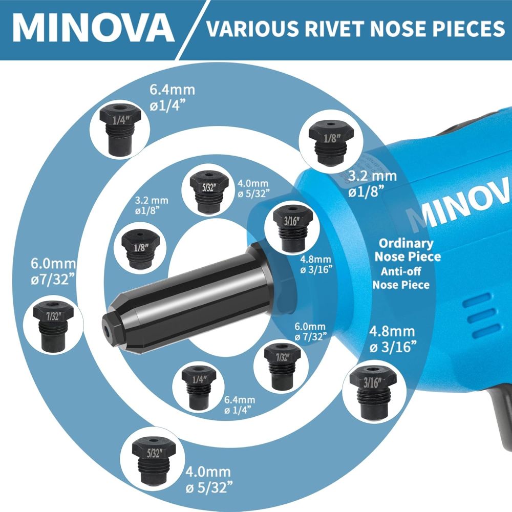 Brushless Rivet Gun, Cordless Rivet Tool compatible with 1/4"(6.4mm) Stainless Steel Rivets, Automatic Rivet Recoil with 18V 4.0Ah Battery(1pcs) 1 Charger, Carrying Case