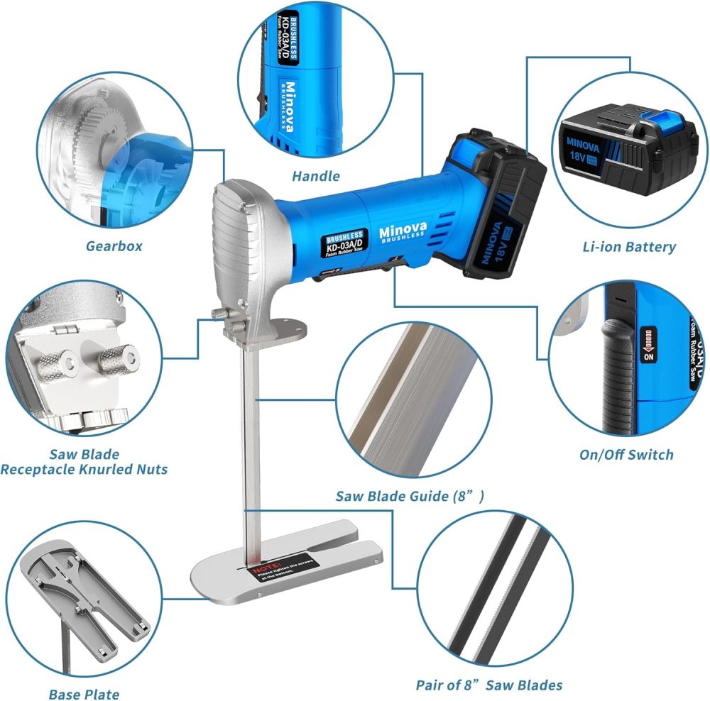 Brushless Foam Rubber Cutter 8” Kit 5.0Ah 18V, Cutting of All Densities of Foam Rubber, upholstery foam cushion & Flexible Plastic Foam, Heavy-Duty Cutting Tool