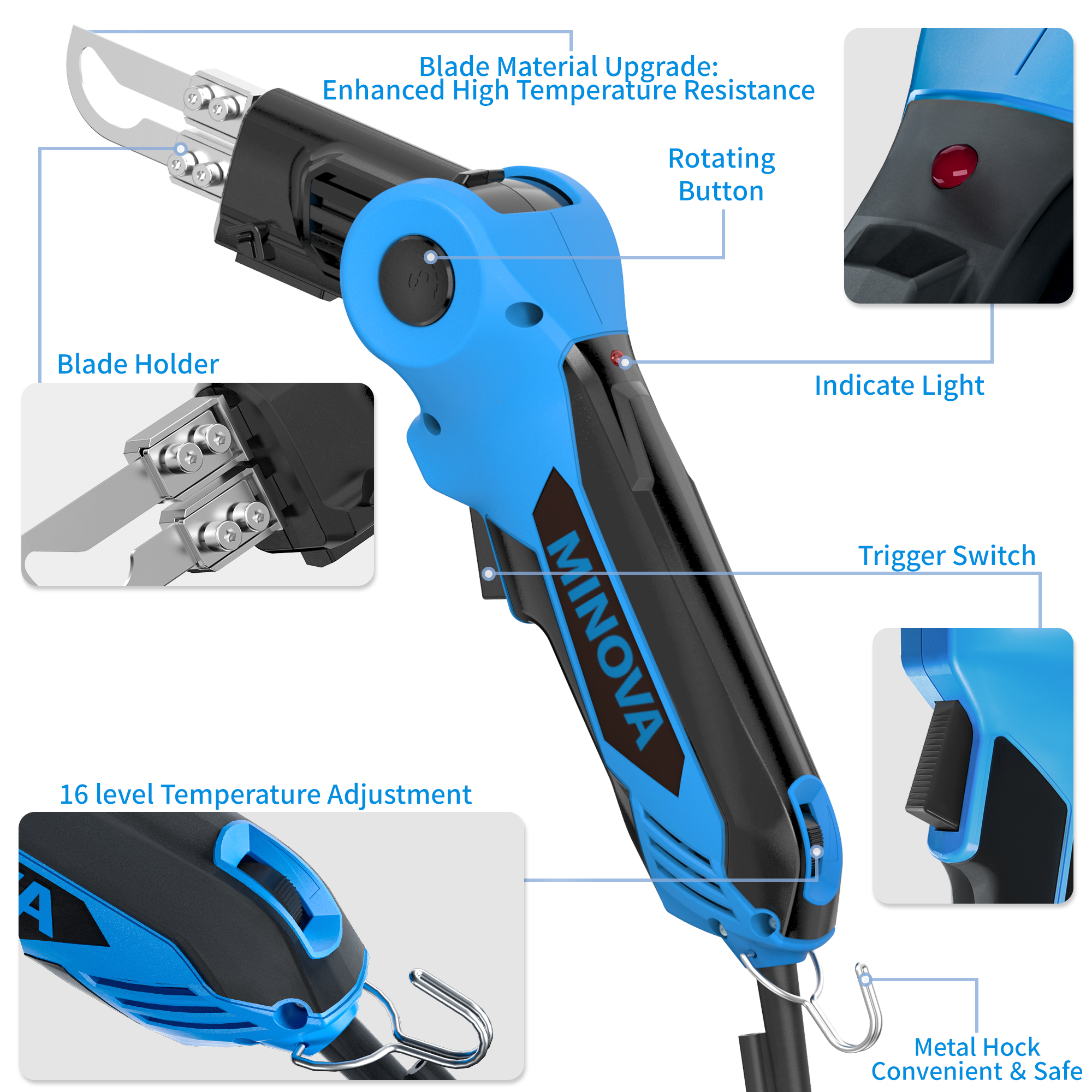 120W Rotable Fabric Cutter Rope Cutter, Cutting Tool Kit 4 Blades with Presser Foot, Full-body Air Cooling System Pro Electric Hot Knife Heat Sealer for Webbings, Ropes, Nylon Fabric, Ribbon