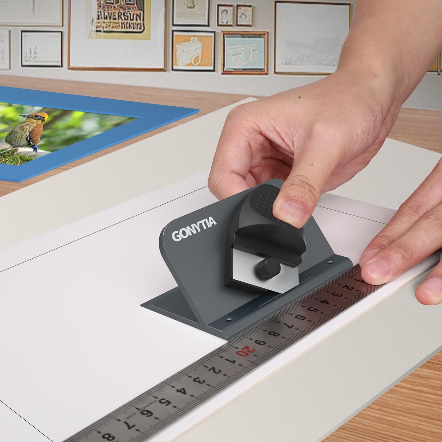 Bevel Mat Cutter with 45° Push-Style Retractable Blade, 10 Replacement Blades Handheld Board Design for Picture Framing and Art Projects