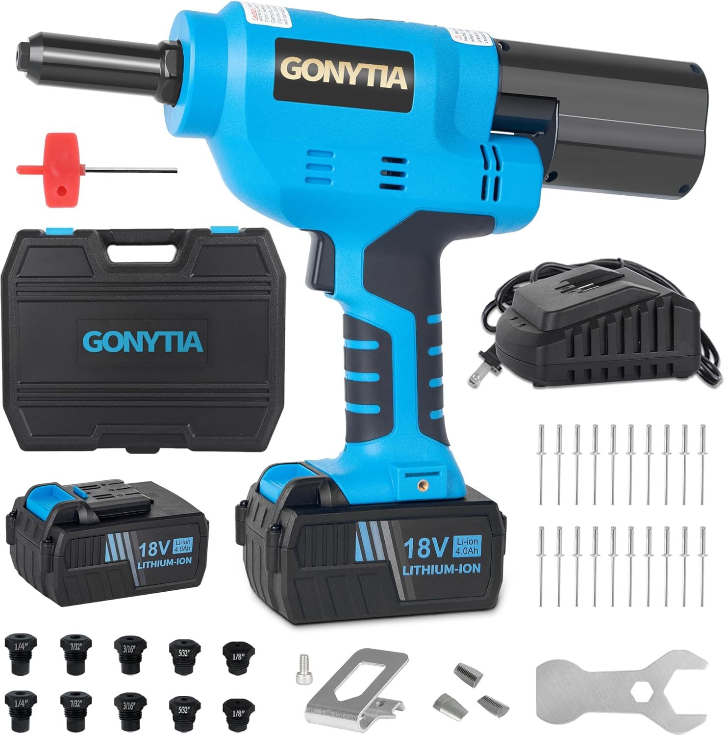 RIVETER7 Brushless Rivet Gun, Cordless Rivet Tool compatible with 1/4"(6.4mm) Stainless Steel Rivets, Automatic Rivet Recoil with 18V 4.0Ah Battery(2pcs) 1 Charger, Carrying Case