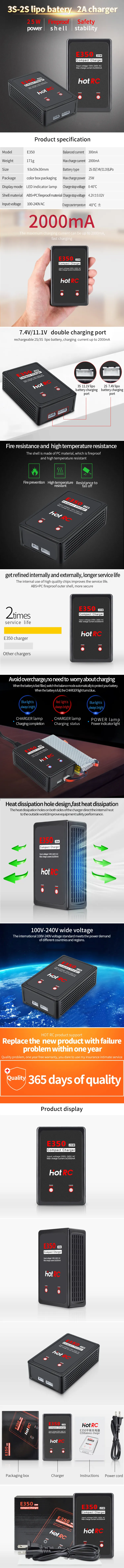 HotRC E350 25W Compact LiPo Balance Charger 2000mah Fast Charging 2s-3s