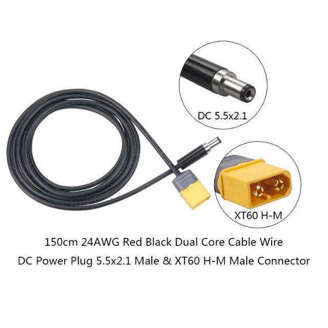 RJX - XT60 Male Bullet Connector to Male DC 5.5mm X 2.1mm DC5521 Rubber Power Cable for T12 Electric Soldering Iron