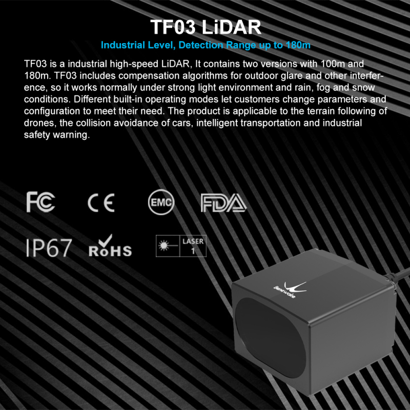 Benewake TF03-180 Lidar Long Range Sensor, IP65 10KHz Frame Rate & 100m Operating Range Rider Module UART / I2C for Indoor / Outdoor