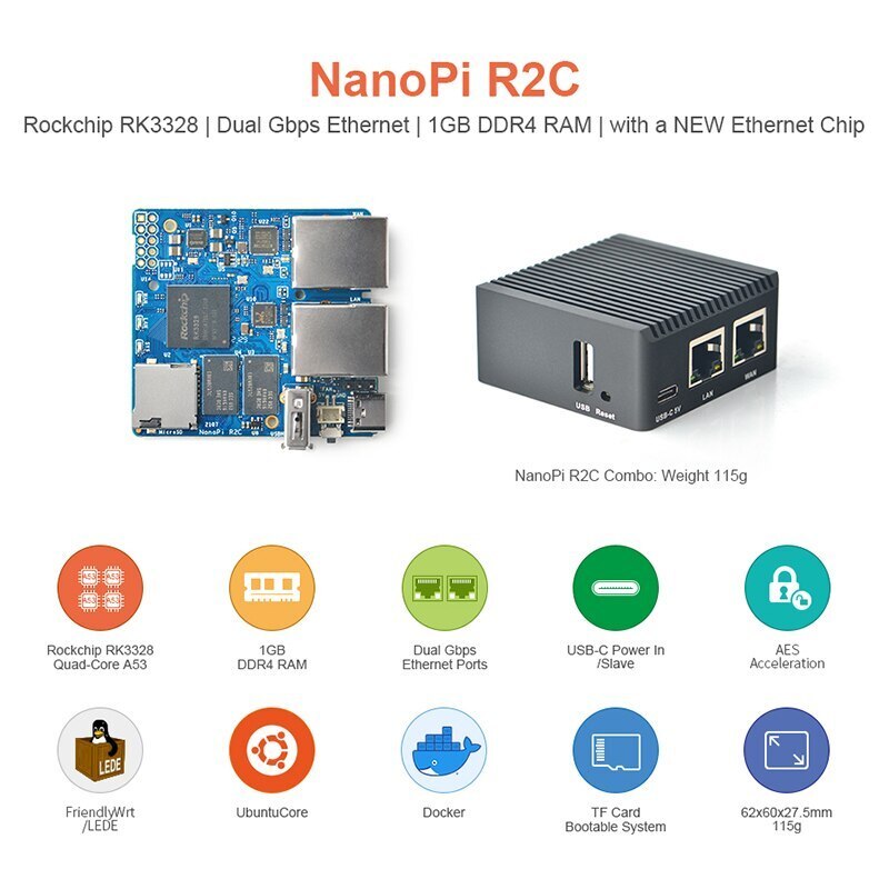 FriendlyElec NanoPi R2C Mini Router Rockchip RK3328 1GB DDR4 RAM Dual Gigabit Ethernet Port With a New Ethernet Chip