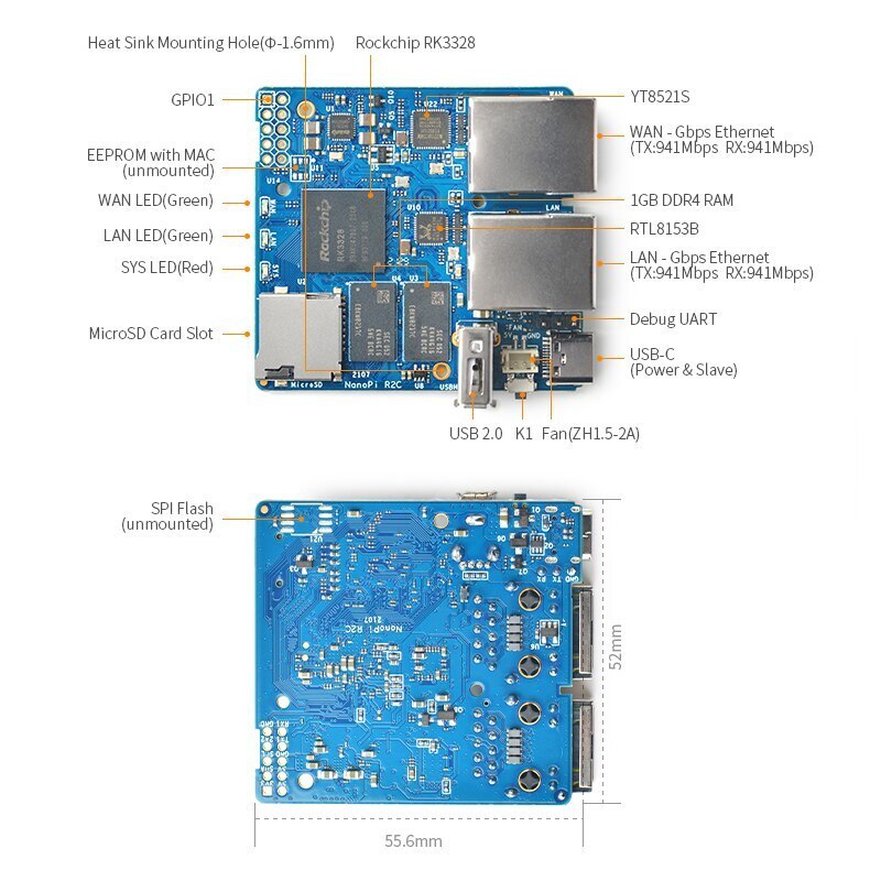 FriendlyElec NanoPi R2C Mini Router Rockchip RK3328 1GB DDR4 RAM Dual Gigabit Ethernet Port With a New Ethernet Chip