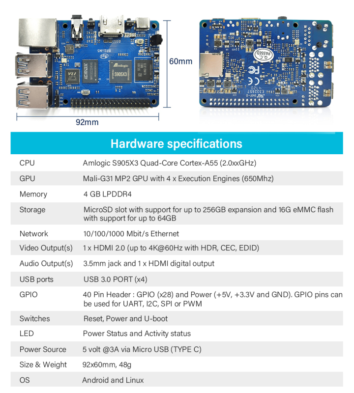 BPI-M5 Single board computer, 4GB LPDDR4, Amlogic S905X3 Quad-Core Cortex-A55 (2.0xxGHz)