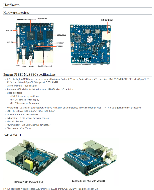BPI-M2S, Amlogic A311D/S922x, 2 Gigabit/ POE, 4GB RAM 16GB eMMC For TV BOX , AI