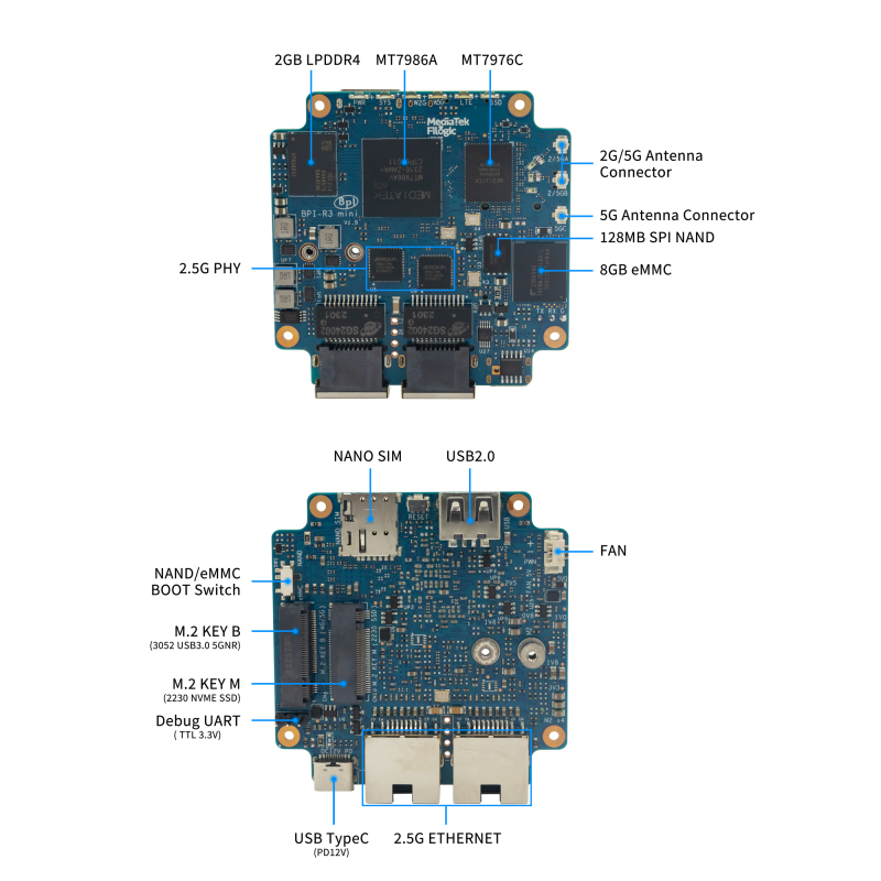 BPI-R3 Mini Router board with MediaTek MT7986(Filogic 830),support Wi-Fi 6, 2 2.5GbE network