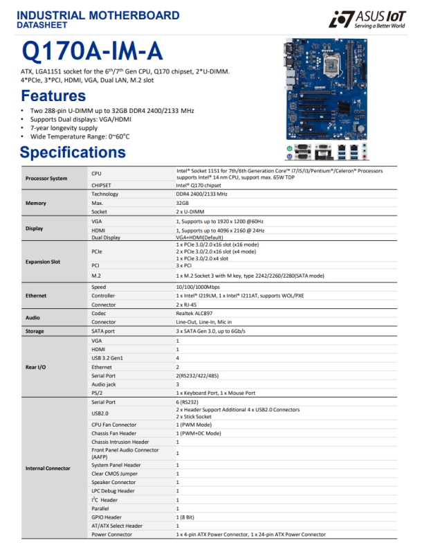 ASUS Q170A-IM-A ATX Industrial Motherboard