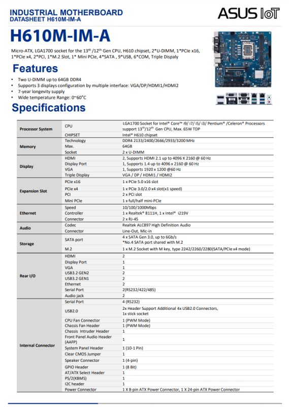 ASUS H610M-IM-A - Micro ATX Industrial Motherboard