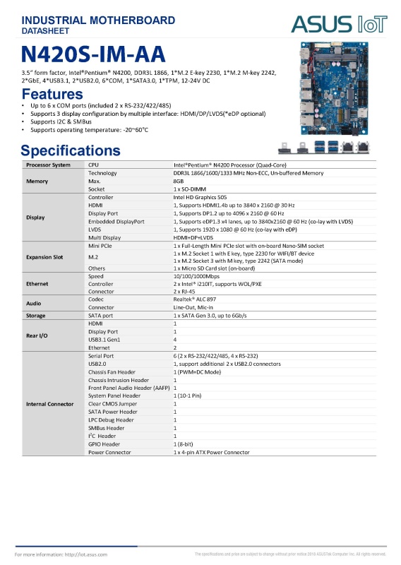 ASUS N420S-IM-AA 3.5” SBC industrial motherboard