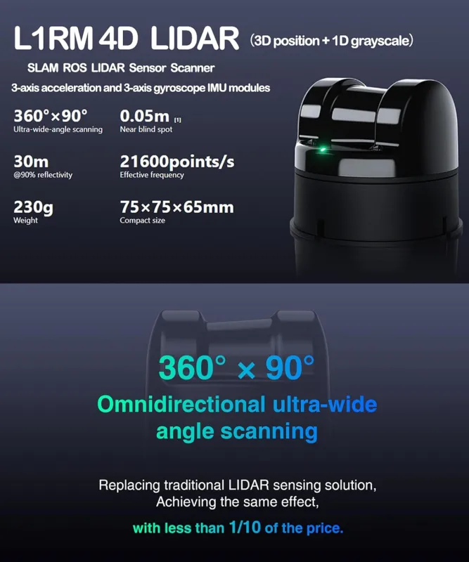 Unitree L1 4D 3D Lidar - 360° × 90° Omnidirectional ultra-wide angle scanning 20-30M Scanning Radius