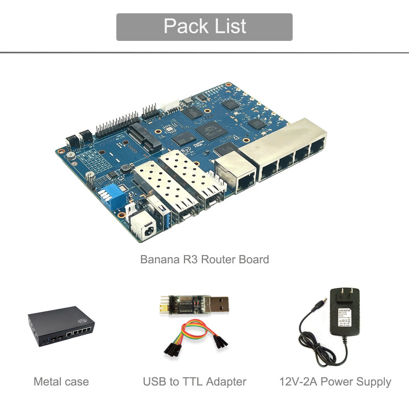 Banana Pi BPI R3 MediaTek MT7986 quad core Router Development Board,2G DDR RAM ,8G eMMC Flash Support Wi-Fi6 5 GbE network port