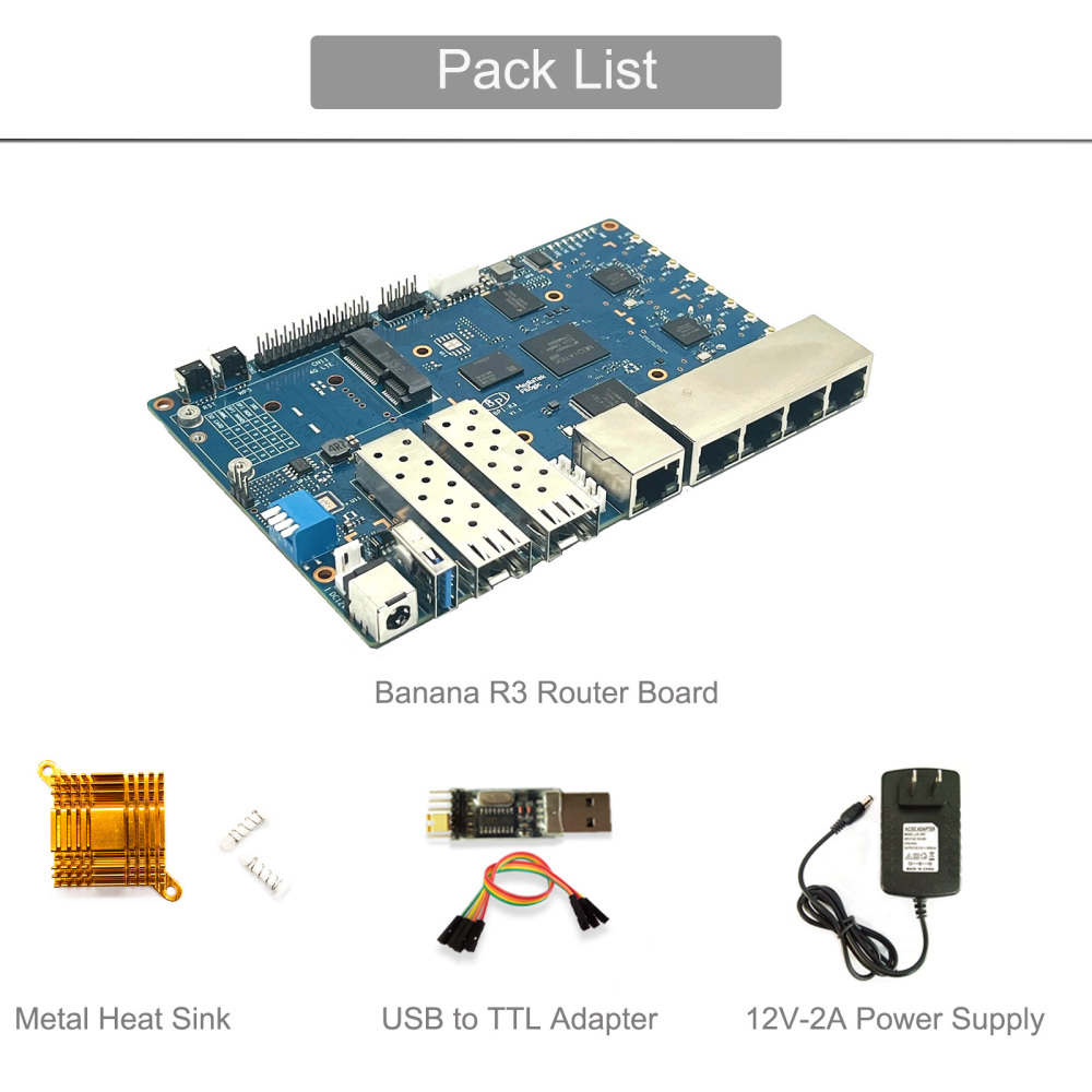 Banana Pi BPI R3 MediaTek MT7986 quad core Router Development Board,2G DDR RAM ,8G eMMC Flash Support Wi-Fi6 5 GbE network port