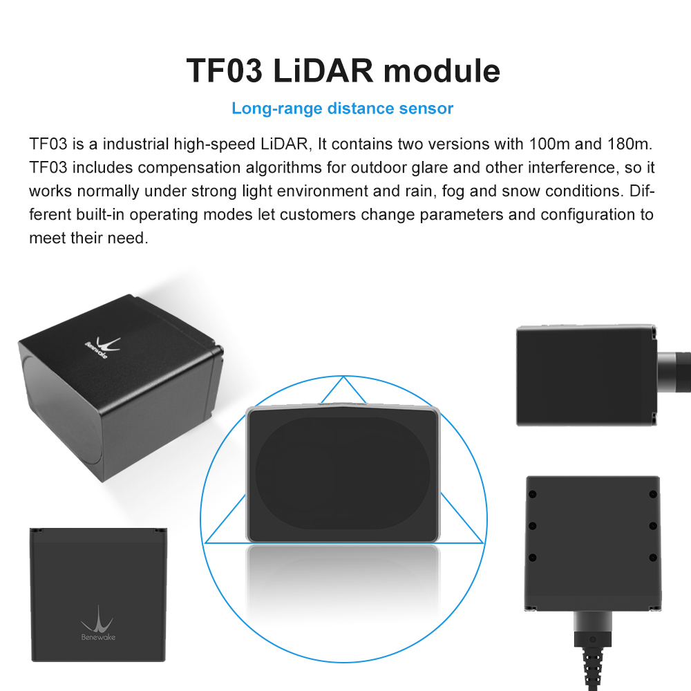 Benewake TF03-180 Lidar Long Range Sensor, IP65 10KHz Frame Rate & 100m Operating Range Rider Module UART / I2C for Indoor / Outdoor