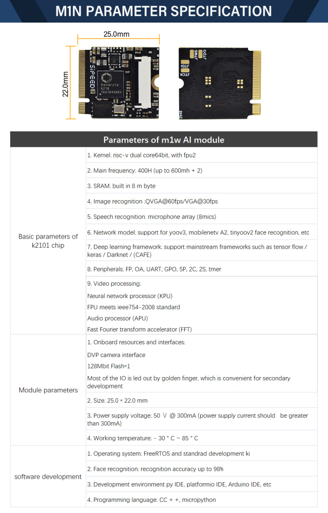 Sipeed M1n Maix Nano RISC-V AI + Iot Deep Learning Module