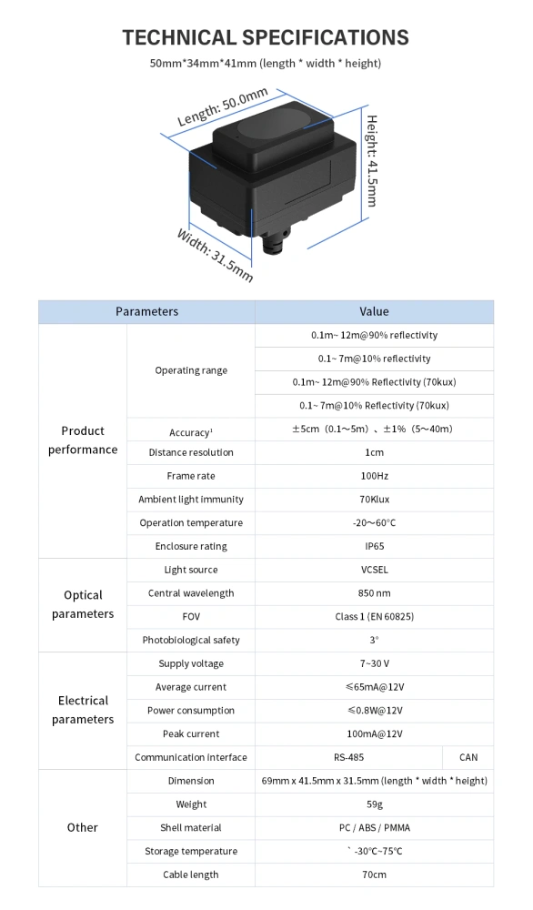 Benewake TFmini-i Lidar Range Finder Sensor Module TOF Single Point Micro Ranging CAN & RS485 0.1-12m (Upgrade Version of TFmini