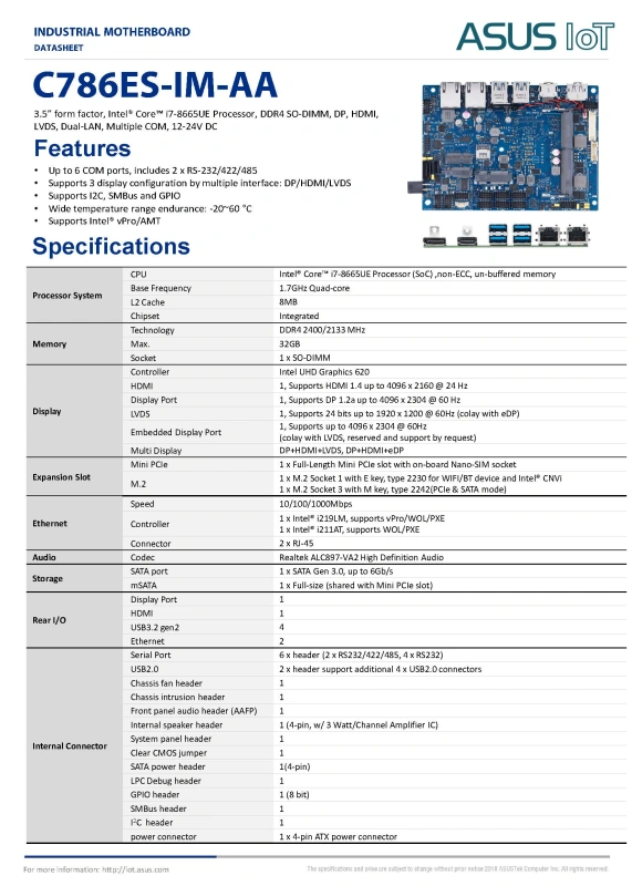 C786ES-IM-AA 3.5" Single Board Computer with Intel Core i7-8665UE Processor - Up to 6 COM ports, includes 2 x RS 232/422/485