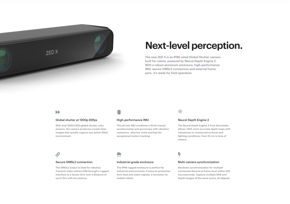 ZED X Stereo Camera,IP66,Color Global Shutter 1200P@60fps,Ready for field operation