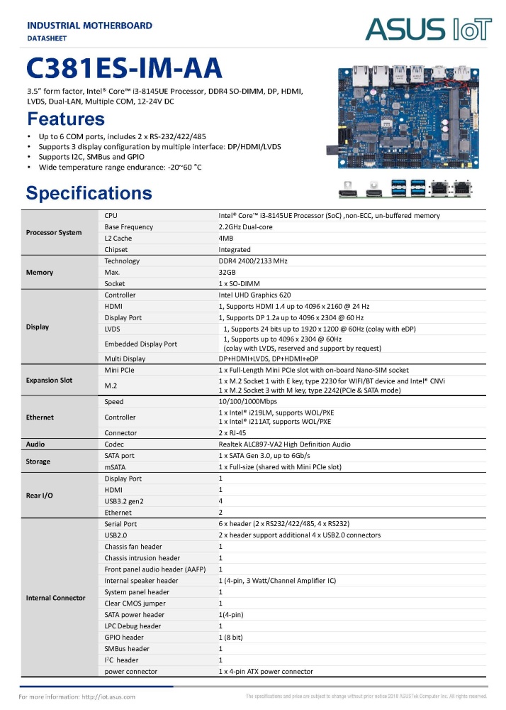 C786ES-IM-AA 3.5" Single Board Computer with Intel Core i7-8665UE Processor - Up to 6 COM ports, includes 2 x RS 232/422/485