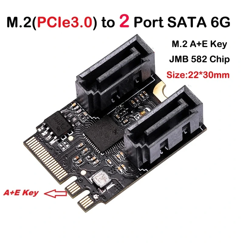 Sintech M.2 NGFF Key A+E To Dual SATA 3.0 Ports Adapter Extension Card Chipset JMB582(Only Fit A-Key Or E-Key WiFi Port
