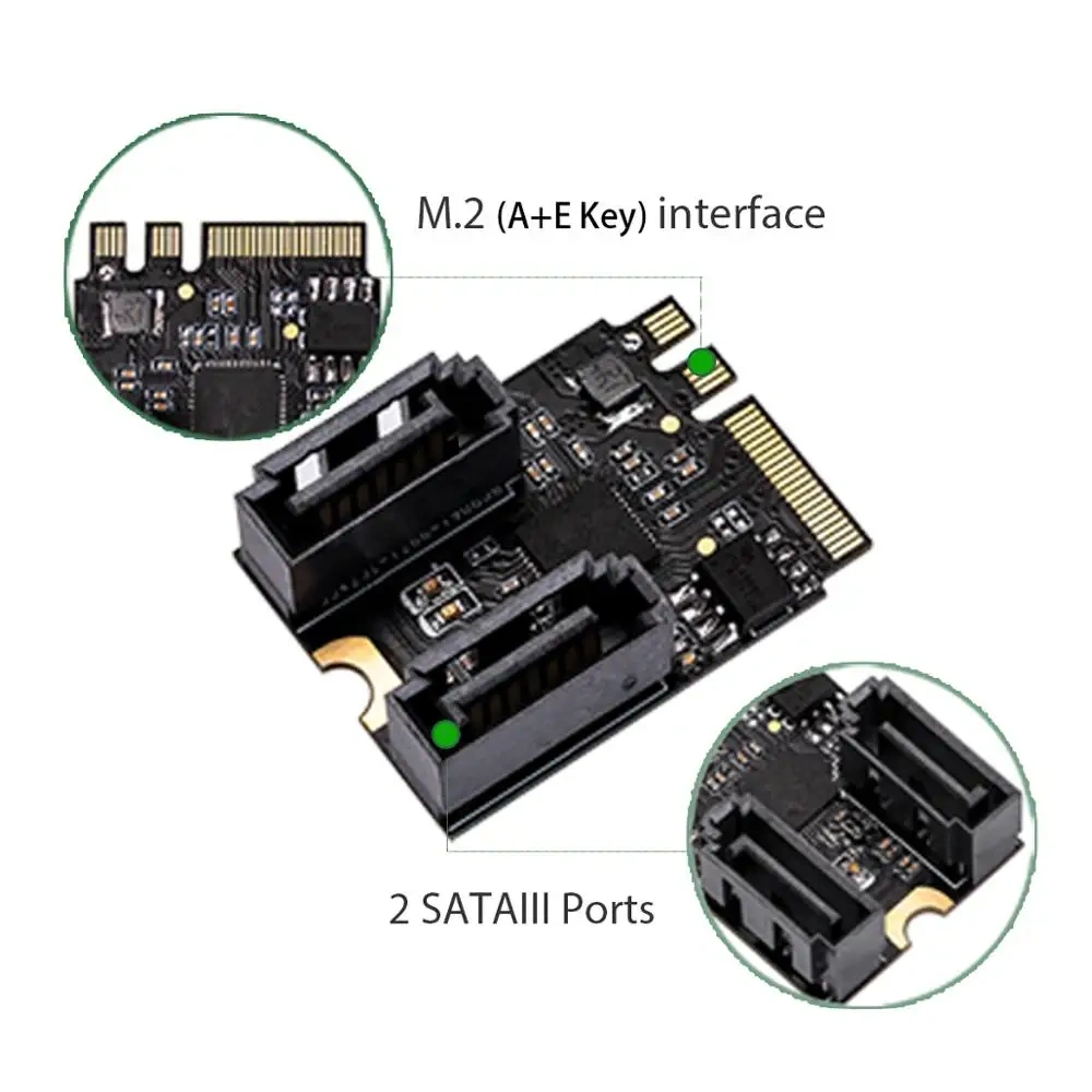 M.2 A+E to SATA 3 .0 Adapter, 2 Port - JMB582, WIFI CNVio Port, PCIE 3.0, M.2 2230, No driver required, for Windows Linux NAS PVE EXSI 3.5" 2.5" HDD SSD