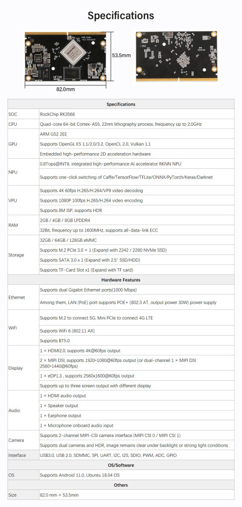 youyeetoo Core-3568J AI Core Board 4GB+32GB RockChip RK3568 quad-core 64-bit  Integrated co-processors supports GPU, VPU, NPU